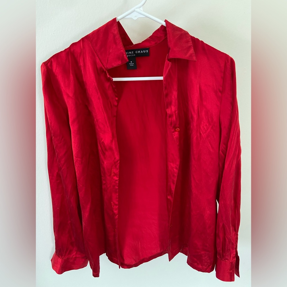 Vibrant Red 100% Silk Button Down Josephine Chaus